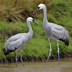 Poster - AI generated illustration of two cranes wading in a pond beside a shore