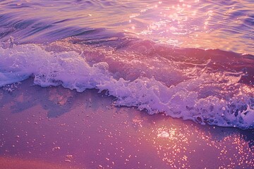 Canvas Print - shimmering pink purple sea surface, sparkling waves, golden beach,