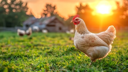 Wall Mural -  A chicken up-close on lush grass, sun behind, barn near, trees in distance