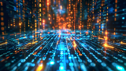 Modern Application Program Background with Abstract Computer Code and Binary Data Transfer in a Glowing Cybernetic Network