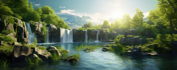 Canvas Print - Breathtaking Serene Waterfall Oasis Panorama