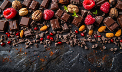 Assorted chocolate bars and fresh raspberries with mint leaves on black stone background