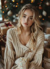 Wall Mural - Beautiful girl in sweater sits on the floor with gifts