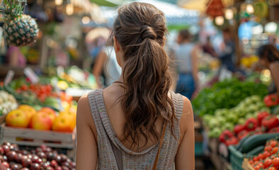 Wall Mural - Young woman is shopping healthy food on the market