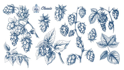 Wall Mural - Vector collection of hand drawn illustrations with hop flowers, branches and leaves on a white background titled 