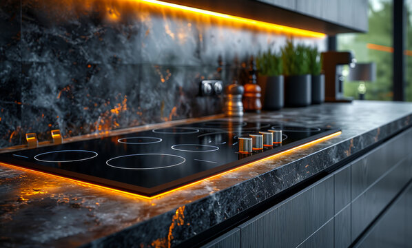 Modern kitchen interior with built in hob and induction cooktop. 3d rendering