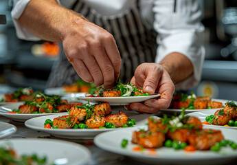 Wall Mural - Chef plating dish in restaurant