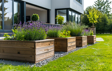 Wall Mural - Modern house wooden terrace with planters and lawn with flowers