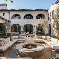 Poster - A beautiful Spanish style home with modern outdoor seating around a fire pit