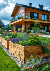 Wall Mural - Flower bed made of wooden in the garden near the house lawn and beautiful green nature