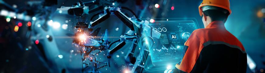 Fototapete - Industry 4.0, Ai, Smart industry factory, industrial revolution, Engineer use Ai interface control robotic automatic arms machine with monitoring Ai system software and Digital manufacturing operation
