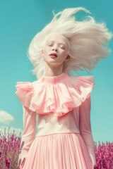 Abstract portrait of a woman in pink dress with flowing white hair in lavender field. Minimal pastel spring concept.