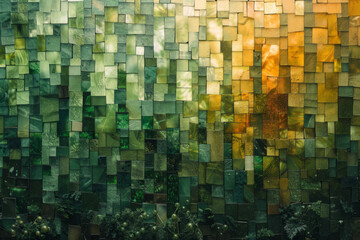 Wall Mural - An abstract digital mosaic of a forest, with 3D pixel trees and foliage in varying shades of green and brown,