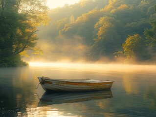 Wall Mural - A boat is sitting on a lake with fog in the background. AI.