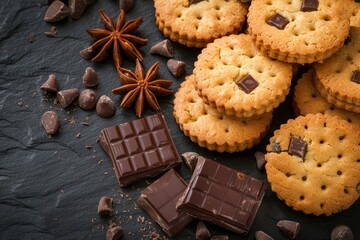 Wall Mural - Composition Biscuits With Chocolate On Black Table Vintage Eleva