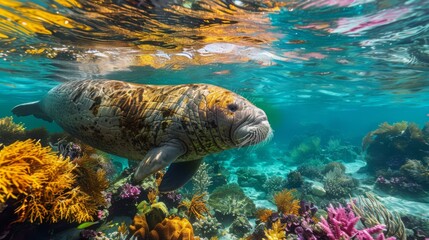 Poster - A manatee swimming in the ocean surrounded by colorful coral. AI.