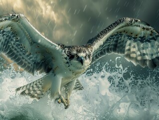 Canvas Print - A bird of an eagle flying over a wave in the ocean. AI.