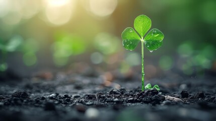  A tiny green plant emerges from the earth, adorned with water beads on its leaves In front, a blurred backdrop of sunrays casts a radiant glow