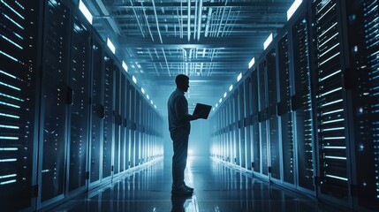 Wall Mural - Technician working in a blue server room