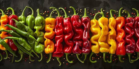 Organic chili peppers arranged in rows from smaller to larger