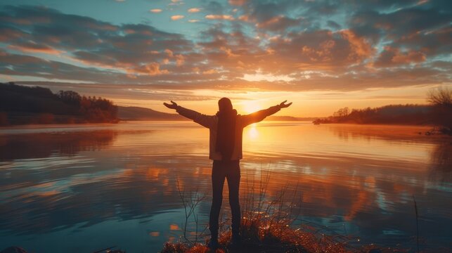 Positive thinking mindset : Vibrant sunrise over a calm lake, person standing with arms outstretched