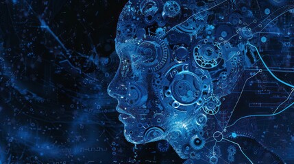 Wall Mural - Human head face hologram gear AI technology blue screen light