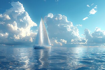 Sticker - a sailboat floating in the middle of the ocean under a cloudy blue sky with a few clouds in the distance.