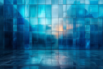 Poster - Stacked gradient rectangles in shades of blue, creating a reflective layered pattern,