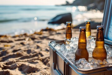 Bottles of beer chilled on ice in a camping fridge on a beach on a hot day with sunshine.