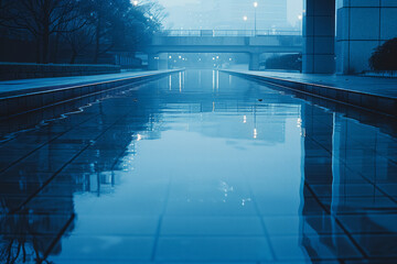 Fototapete - Gradient rectangles layered with transitions from sky blue to navy, forming a reflective pattern,