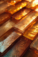 Poster - Abstract pattern of stacked rectangles with gradients from gold to bronze, reflecting each other,