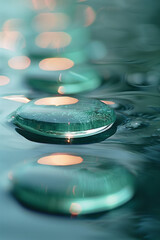 Leinwandbilder - Glass circles with gradients from teal to turquoise, reflecting softly against a dark background,