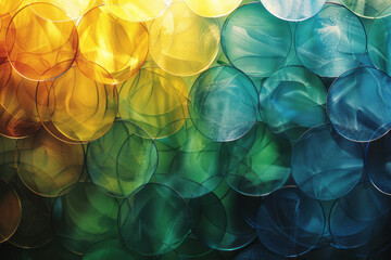 Leinwandbilder - A design of overlapping gradient glass circles with shades shifting from green to blue, creating reflections,