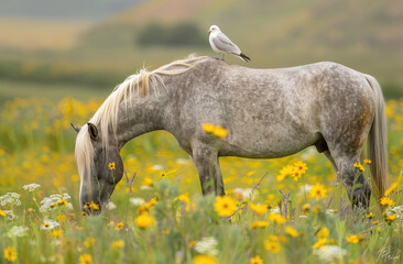 Wall Mural - A gray horse with its head down, grazing in the grassland, and an white bird perched on top of it's back