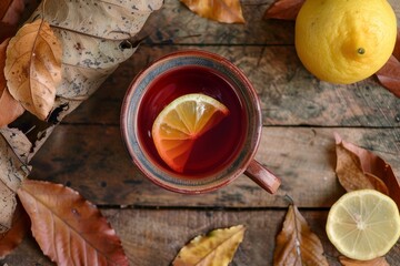 Wall Mural - Autumnal concept with detail of a cup with red tea with lemon on a wooden table with dry leaves on top. Top view