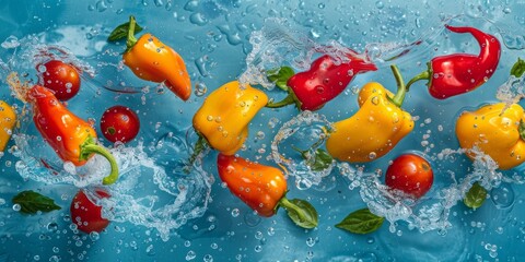 Wall Mural - Fresh peppers floating in water, hot peppers on blue background, seasonal vegetables, summer vegetables, pepper salad, organic vegetables, ingredients for cooking, 4k HD wallpaper, background, generat