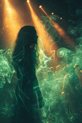 Aufkleber - Dynamic light waves in neon green and yellow, capturing the energy and vibrancy of a festival,