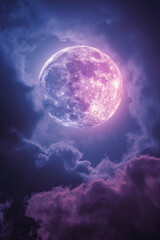 Poster - An orb emitting a bright, luminescent glow, floating in a realm of misty, purple and blue clouds,