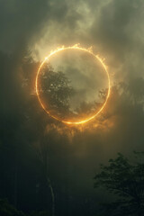 Poster - A bright, shining orb surrounded by a halo of light, illuminating the surrounding cloudy mist,