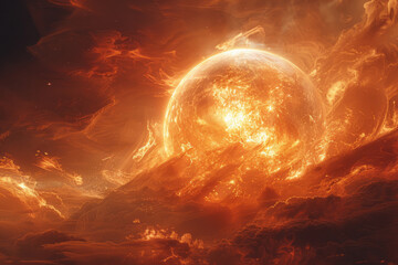 Aufkleber - An abstract scene of a glowing orb enveloped in swirling, fiery orange and red clouds,