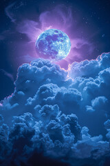 Poster - A bright, shining orb enveloped by deep blue and purple clouds, creating a serene and calming scene,