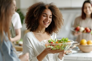 Wall Mural - Young woman is laughing with her friends at party as she holding bowl a salad on white kitchen.