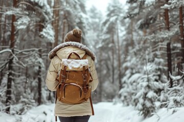 Wall Mural - Woman traveler in winter warm jacket and rucksack walking in snowy winter pine forest. Winter travel concept.