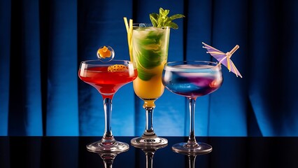 Three cocktails on blue background