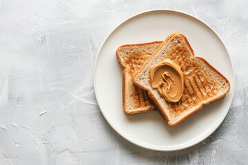 Wall Mural - Toast with peanut butter on white ceramic plate, white concrete background, minimal concept, top view flat lay