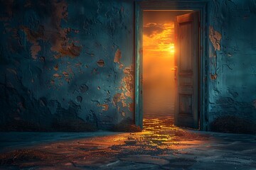 Poster - A partially opened door with glowing light symbolizing opportunity, change or discovery.