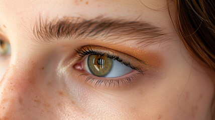 Wall Mural - Young woman eye closeup with sparkling glitter eye shadow, beautiful natural eyebrows and eyelashes, eyes side view close up photo