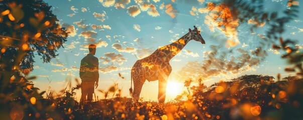 Giraffe feeding, tall animals, lush foliage close up, focus on, copy space, bright and graceful, Double exposure silhouette with giraffes