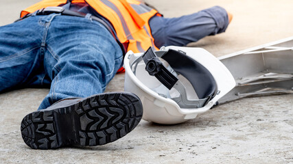 Accident and injury on a construction site. Safety first concept. Male worker lying down unconscious on the floor with safety helmet after falling from ladder. Fainting from exhaustion or heat stroke