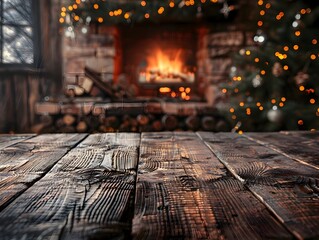 Canvas Print - Rustic Wooden Table with Cozy Fireplace Backdrop for Winter Seasonal Product Display